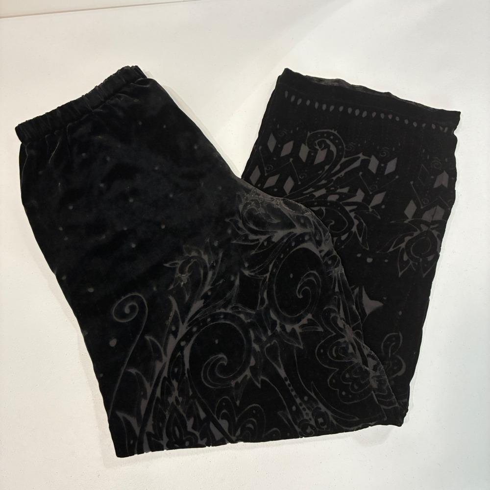 Y2K Velvet Burnout Wide Leg‎ Pants Chico's Design Sz 2 (Large) Black Silk Goth